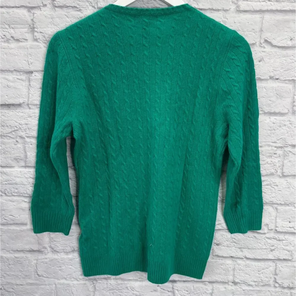 J.Crew Italian Cashmere Cable Knit Sweater Size M 3/4 Sleeve Kelly Green